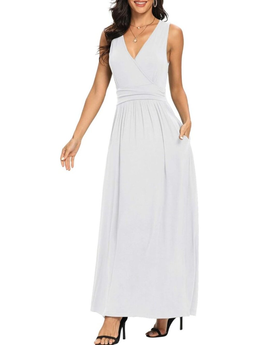 Lilbetter Women's White Sleeveless Deep Neck Loose Plain Long Maxi Casual Dress - Picture 2 of 6